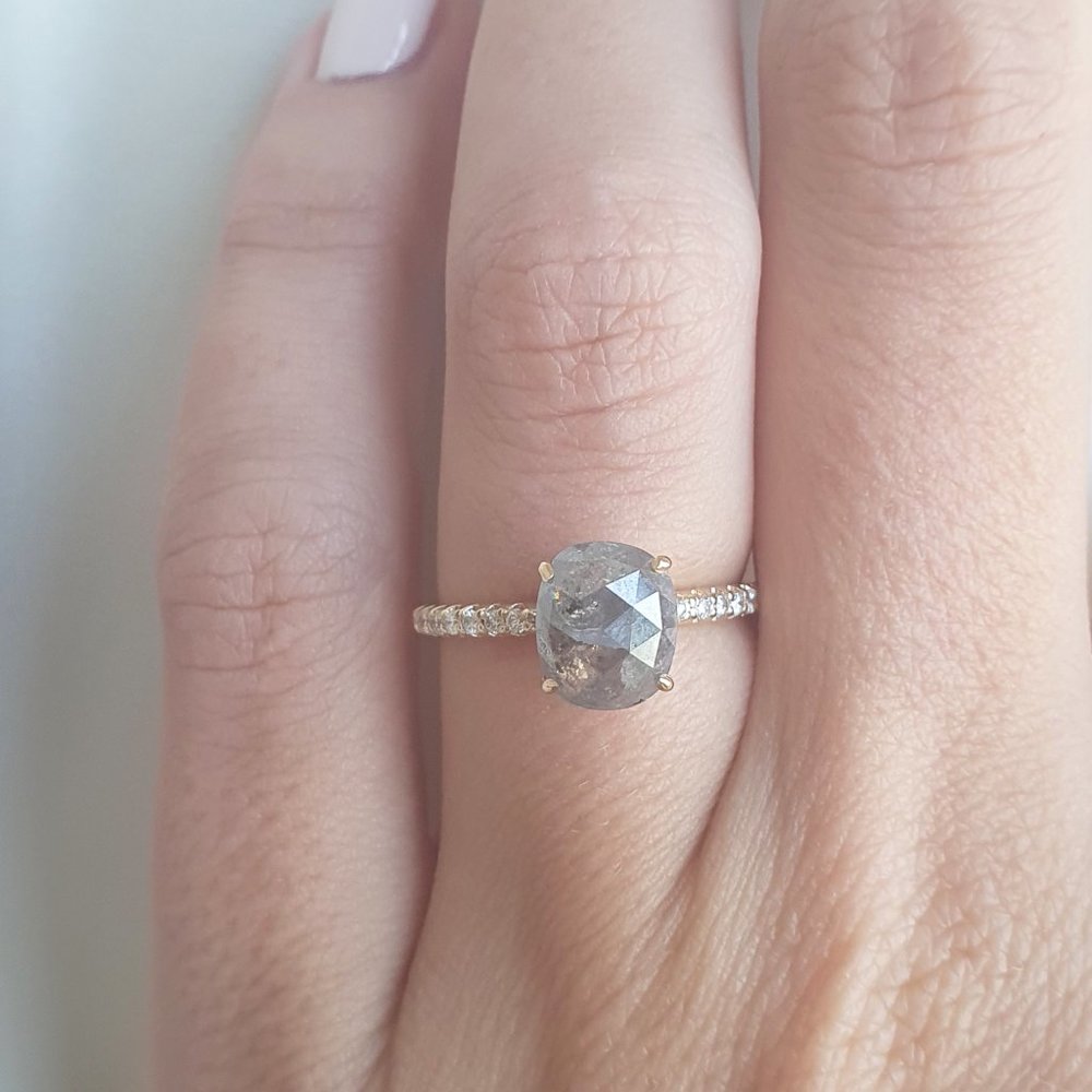 Cushion Diamond Engagement Ring Rose Cut 14K Yellow Gold Fancy Gray 1.85 TCW
